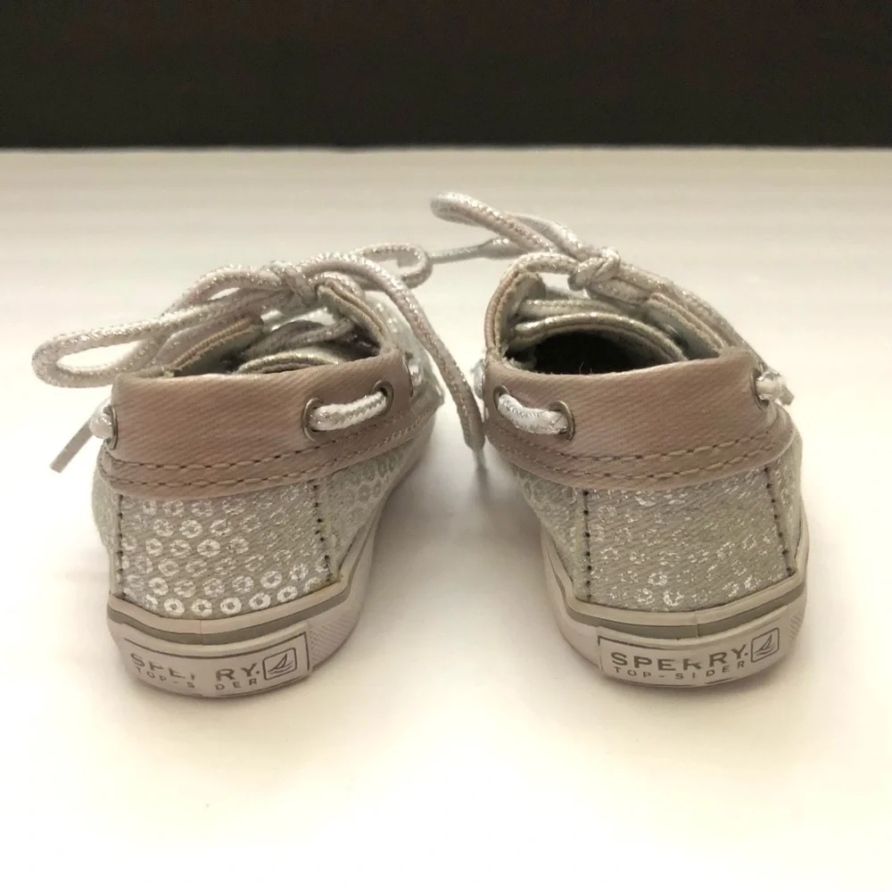 Sperry Topsider Faux Silver Sequin Lace Up Bahama Crib Jr Boat Shoes Baby US 1 M